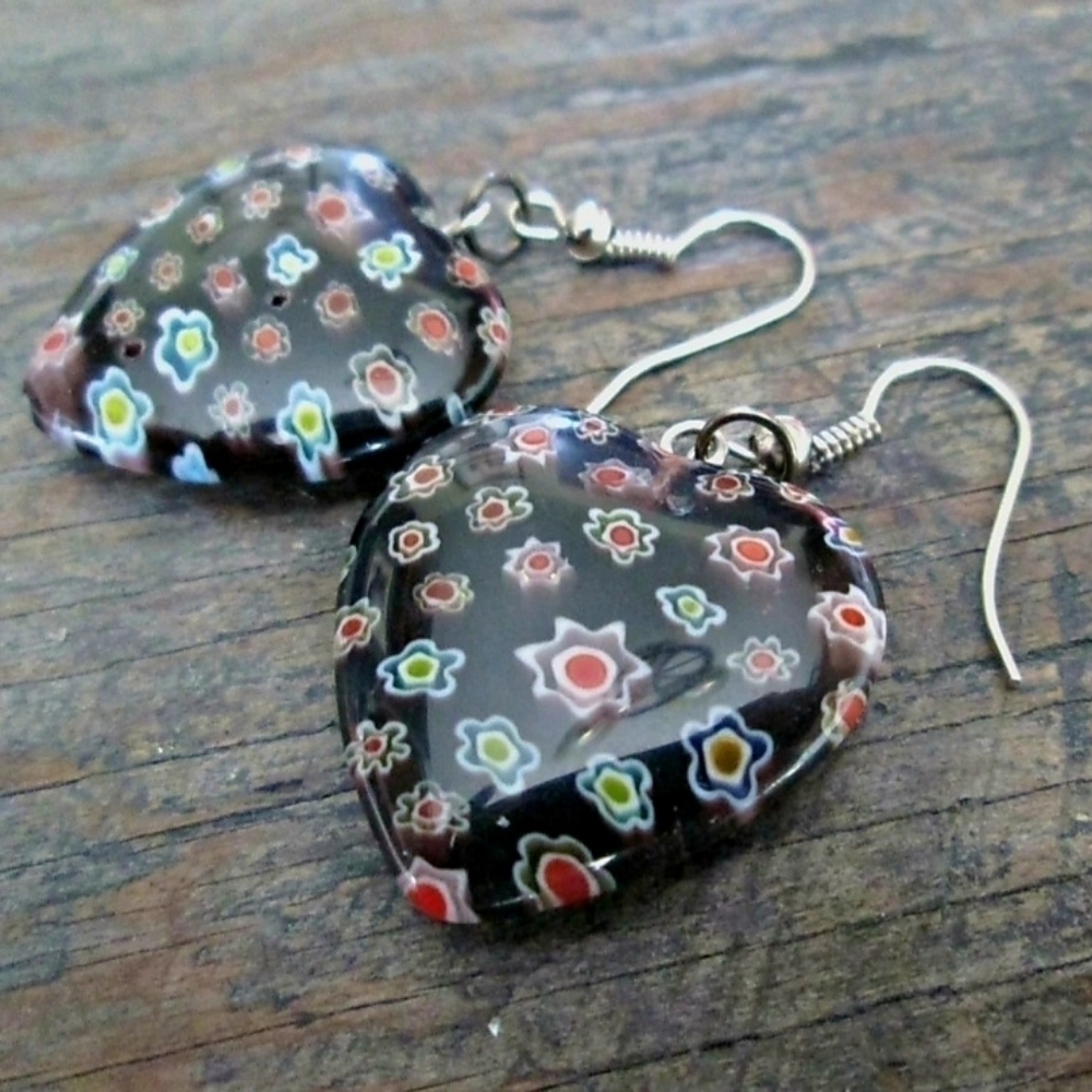 Black Glass Heart Mille Fiori Floral Flower Dangle Earrings Retro Silver Tone